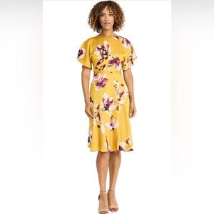 Maggie London A Line Fluttery Sleeve Boat Neck Dress Floral Yellow  NWT Size 4